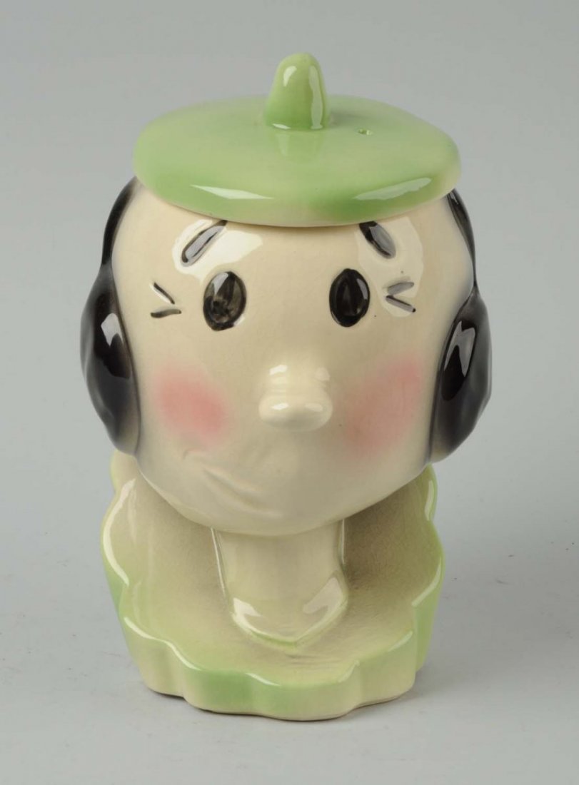 American Bisque Olive Oyl with Flower Cookie Jar.: This Olive Oyl jar has no chips or cracks. Minor to moderate crazing. Includes original flower for her hat. Very nice example. Condition (Excellent Plus). Size 11'' T.