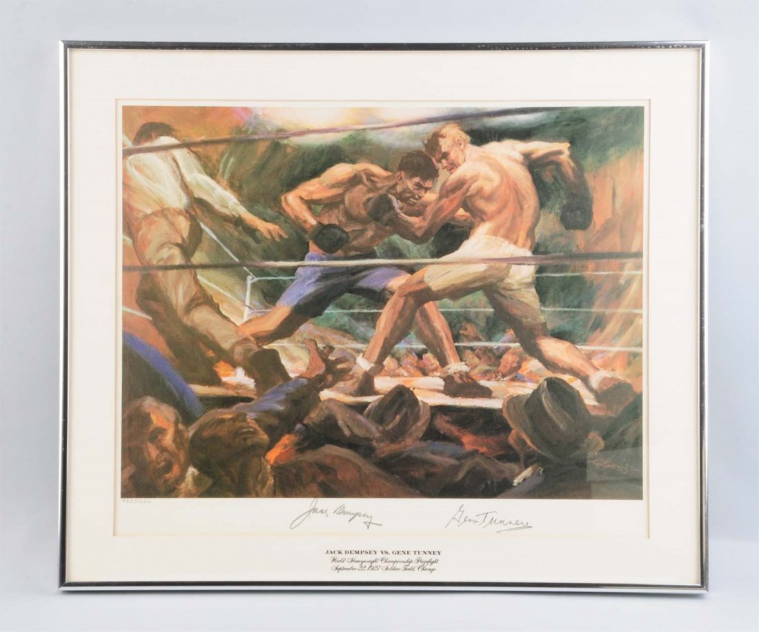 Signed Lithograph of Gene Tunney And Jack Dempsey.: Very nice print by Gustav Rehberger. Sign by both Tunney and Dempsey. Numbered 955/1500. Condition (Excellent). Size Framed: 24-3/4'' x 21''.