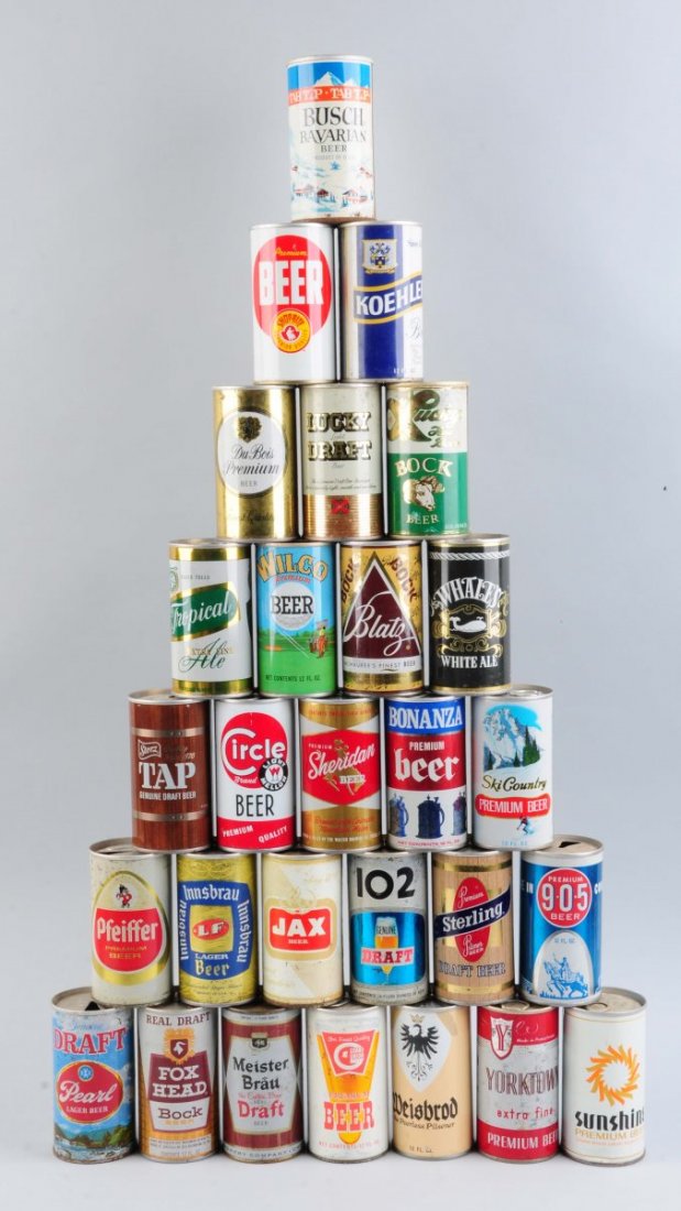 Lot Of 28: 1960s Era Pull Top Beer Cans.: Mostly straight sided. Nice variety. Some slight wear and haze. Condition (Very Good).