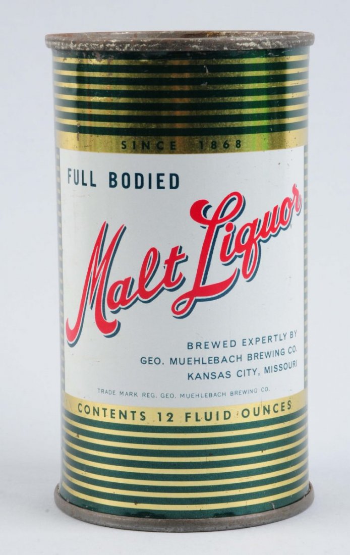 Geo. Muehlebach Malt Liquor Flat Top Can.: One side is clean with only minor wear. The other side has slightly more wear and haze. Condition (Excellent Minus). Size 5" T.