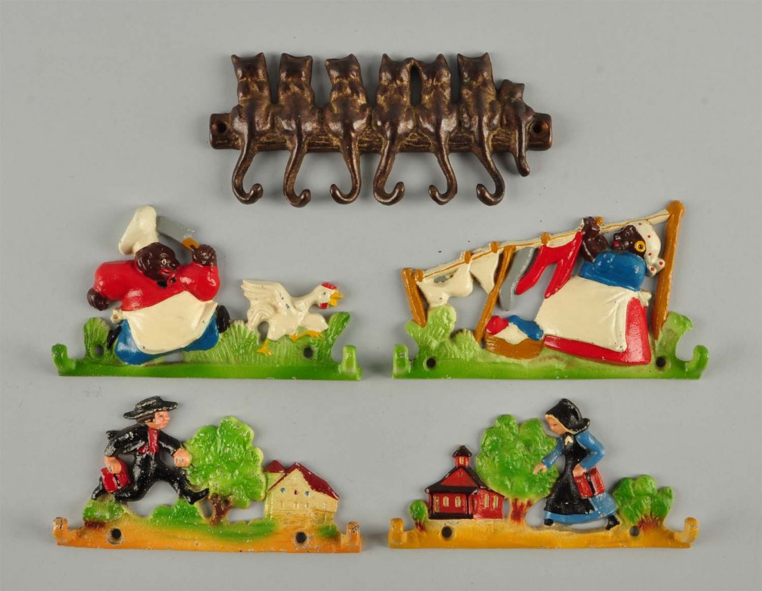 Lot Of 5: Cast Iron Figural Plaques with Hooks. (1 of 1)