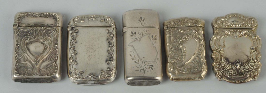 Lot Of 5: Sterling Sliver Match Safes.: Two are Bristol Silver by the Bristol MFG Co., one is sterling by James Blake and Co., one is silver soldered and one is sterling. Strong hinges. Condition (Excellent). Size Largest : 2 -1/2" L.