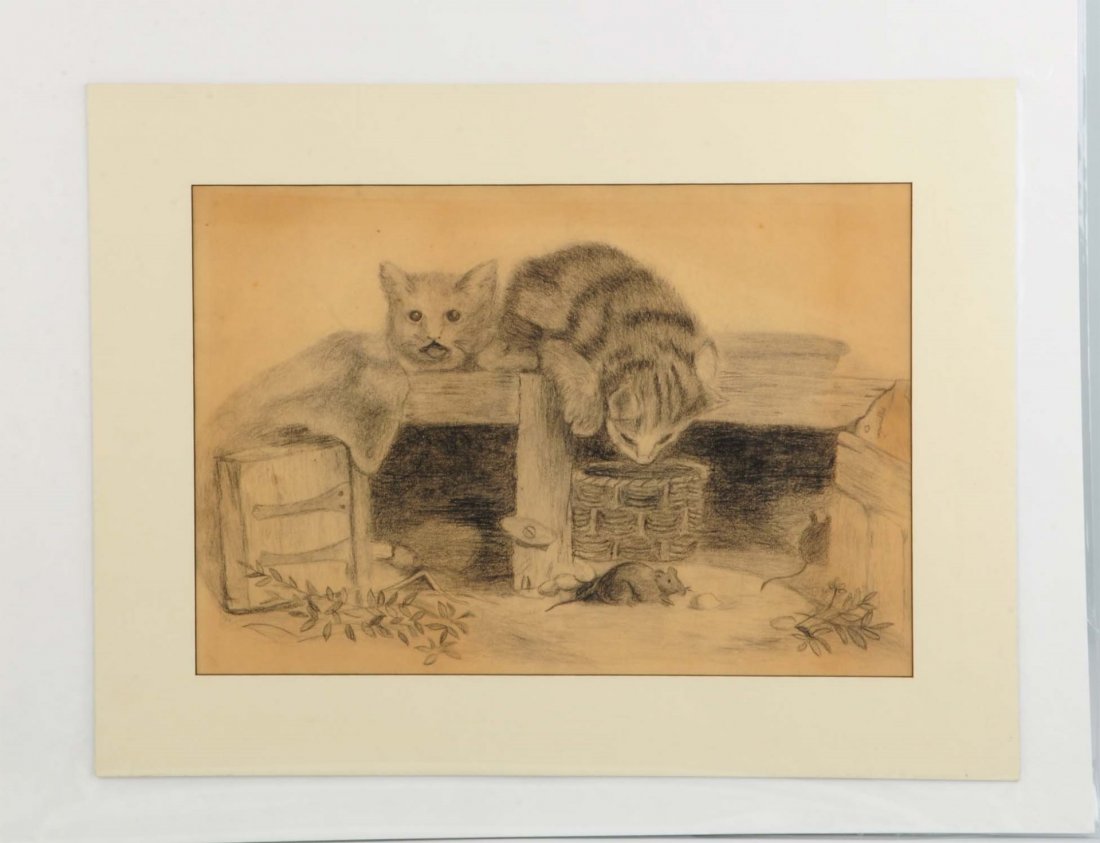 Charcoal "Cats and Mice".: Original charcoal "Cats and Mice" 12" x 17" sheet size, not signed. Size 22 -1/2" x 17".