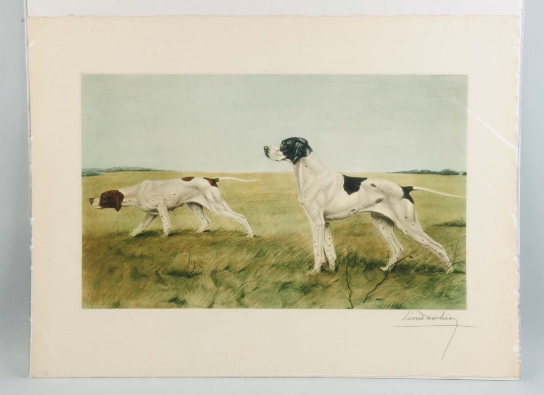 Etching "Pointers" Leon Danchin.: Leon Danchin (1887-1939) "Pointers" limited addition etching in colors 222/500. 22-1/4" x 30" sheet size. Signed and numbered in pencil lower right. Size 30" x 22 -1/2".