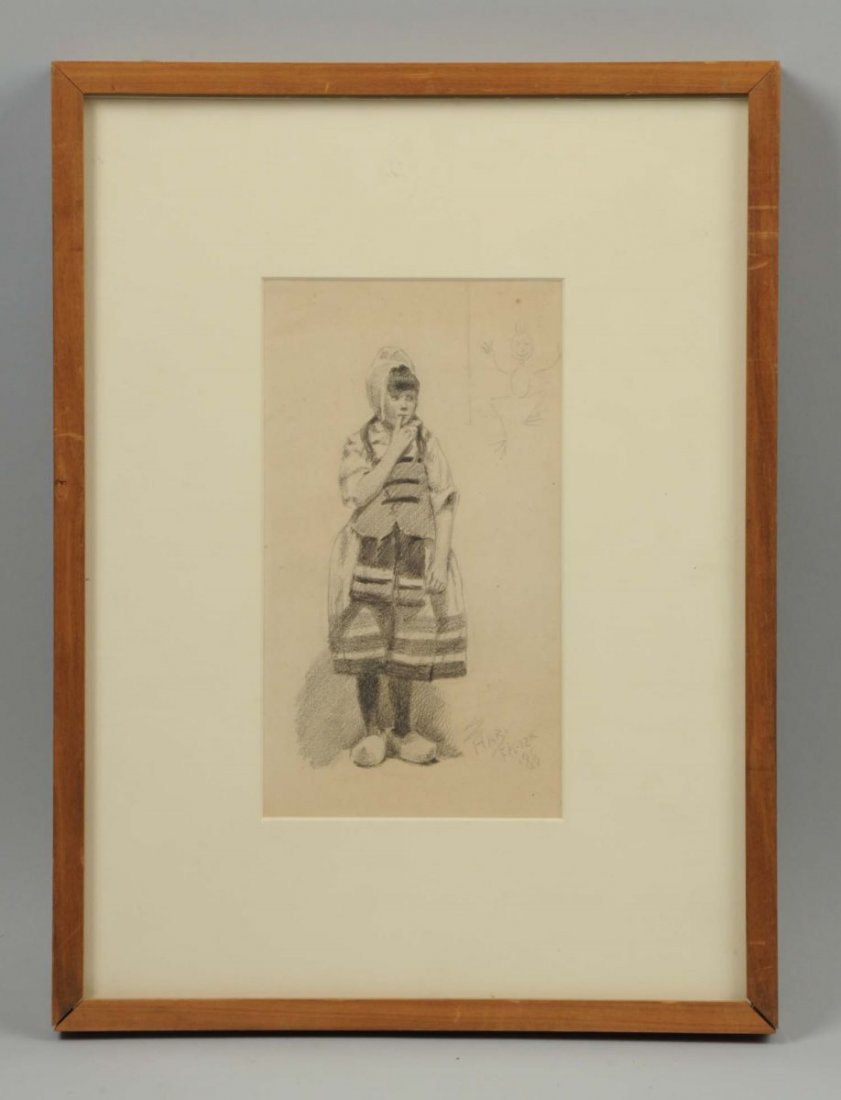 John Haberle (1853 - 1933).: "The Little Dutch Girl". Graphite on paper. 9" x 5-1/8". Signed and dated lower left (February 12th, '86). Provenance: Adams Davidson Galleries, Washington, D.C., Jill Newhouse, New York City. Exhibit