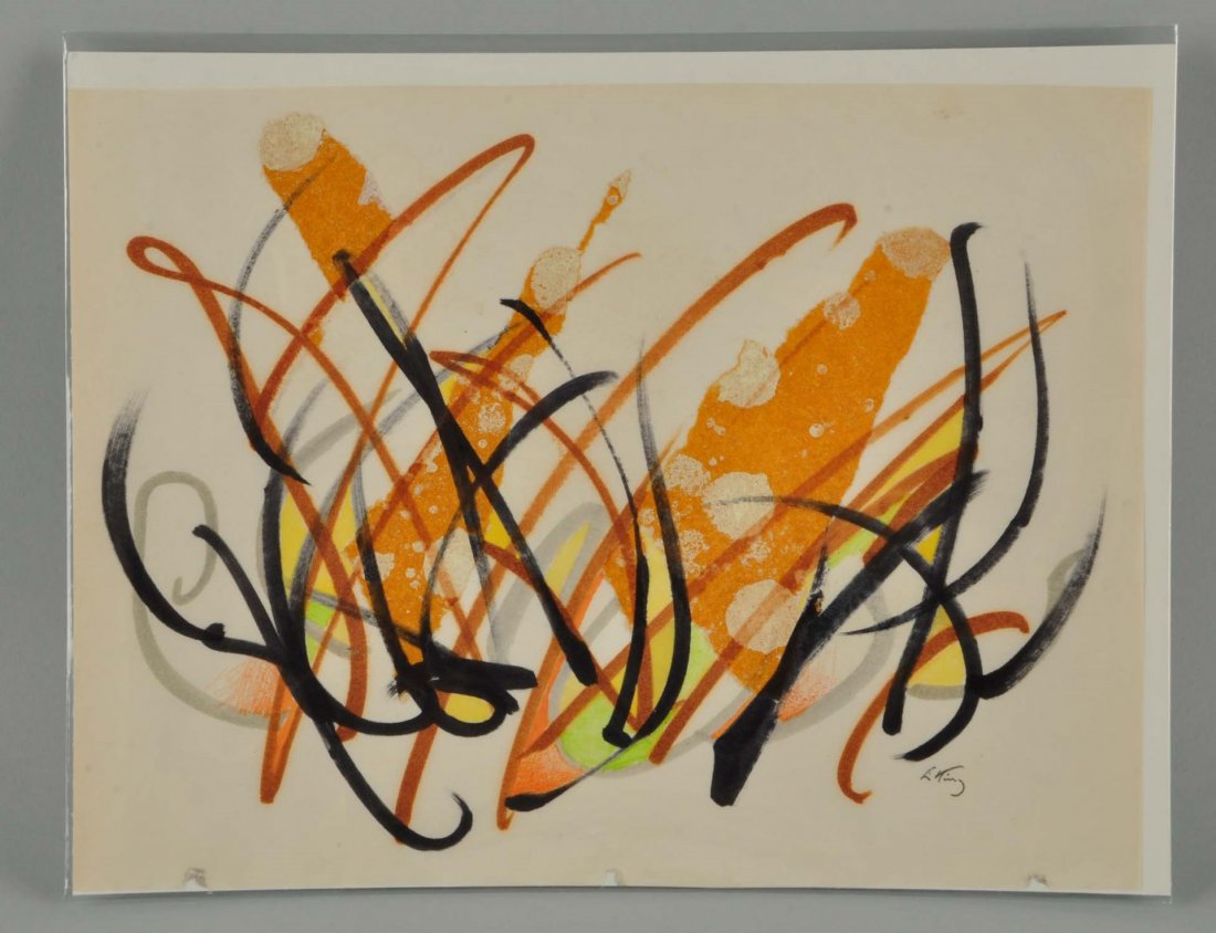 Mixed Media "Abstract" Emlen Etting.: Emlen Etting (1905-1993). "Abstract" mixed media on paper. Signed in pencil. Size 10 -1/2" x 8 -1/4".