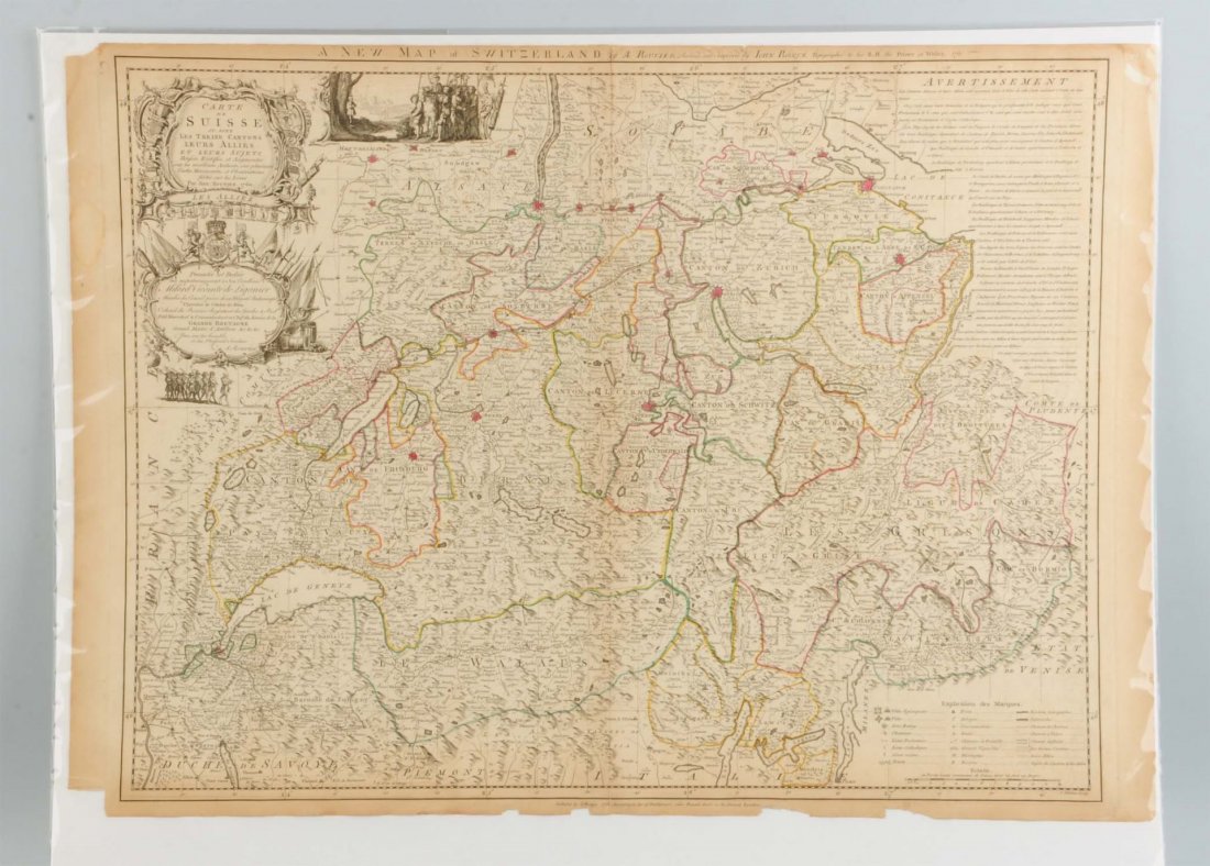 Period 18th Century Map of Switzerland.: Period 18th century map of Switzerland. By A. Rouvier. 21" x 27-1/2" plate size. Published by John Rocque 1760, London. Size 29 -1/2" x 21 -1/4".