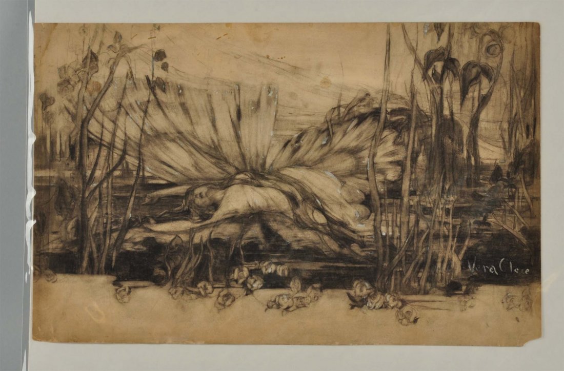 Charcoal On Paper by V. Clere.: Vera Clere (20th Century) American "Illustration of a Fairy", signed lower right. Size 16-1/2'' x 10-1/2''.