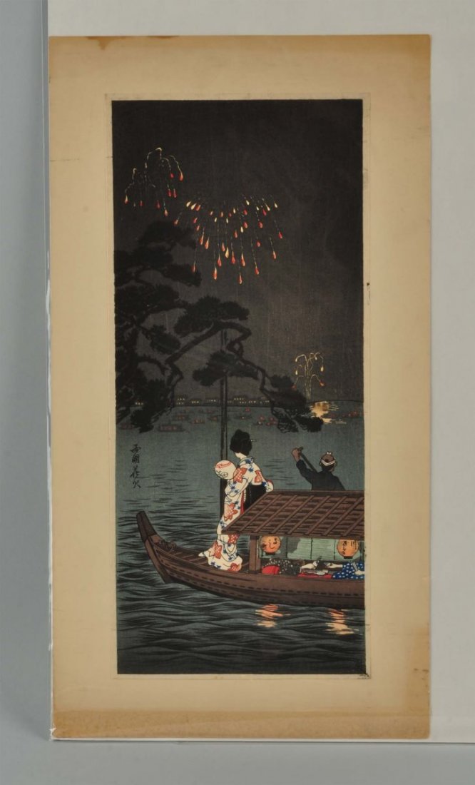 Japanese Woodblock Print With Geisha On Boat. (1 of 2)