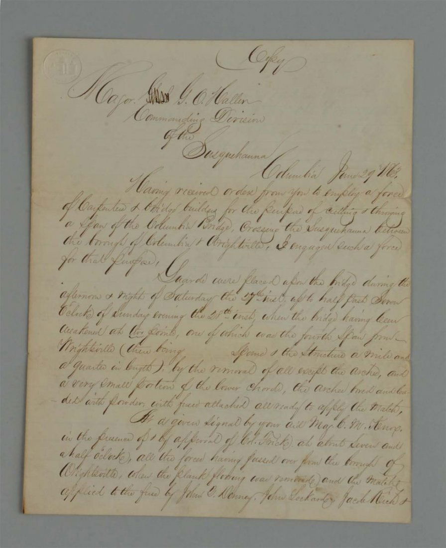 Letter for the Destruction of Columbia Bridge. (1 of 5)