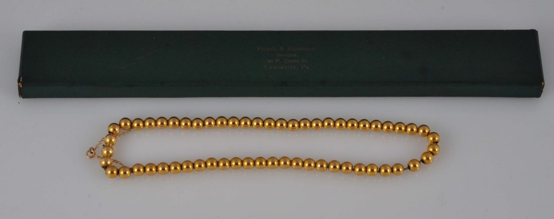 14K Gold Beads Necklace In Gold Chain.: 14" strand of 6mm 14K yellow gold beads, 9.2dwt. Condition (Fair).
