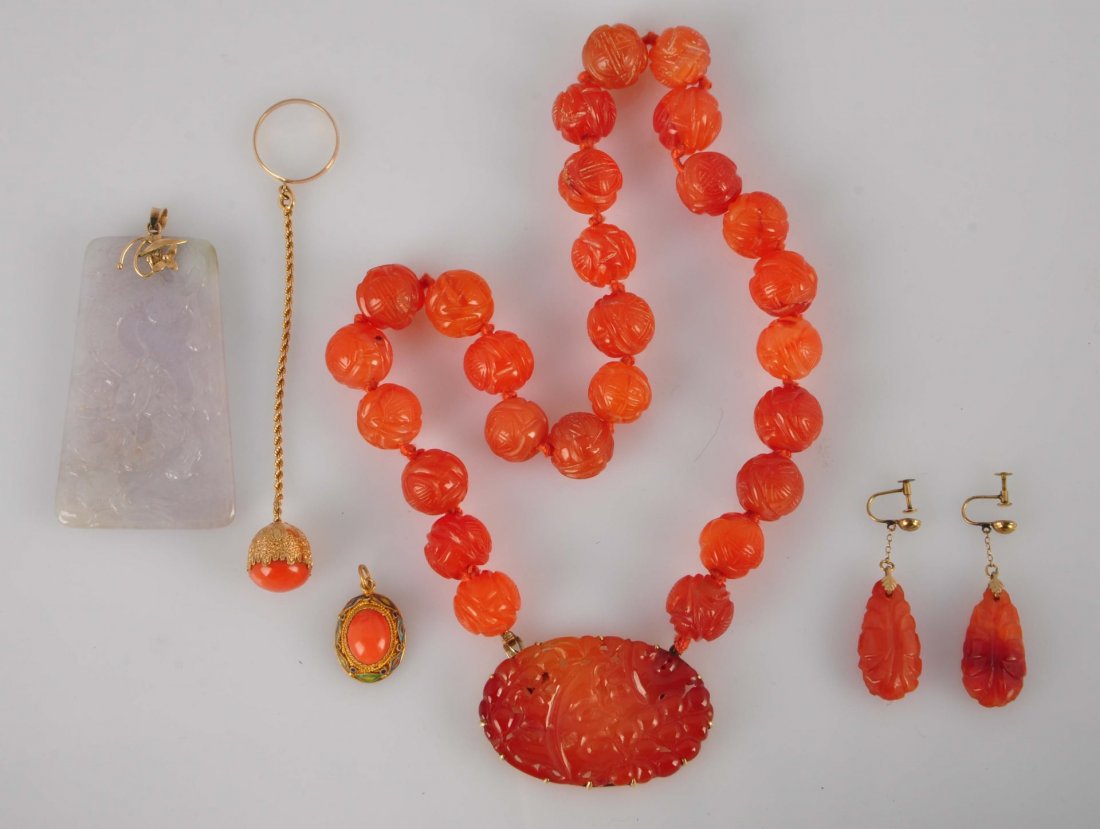 Lot Of 5: Coral and Jade Jewelry. (1 of 2)