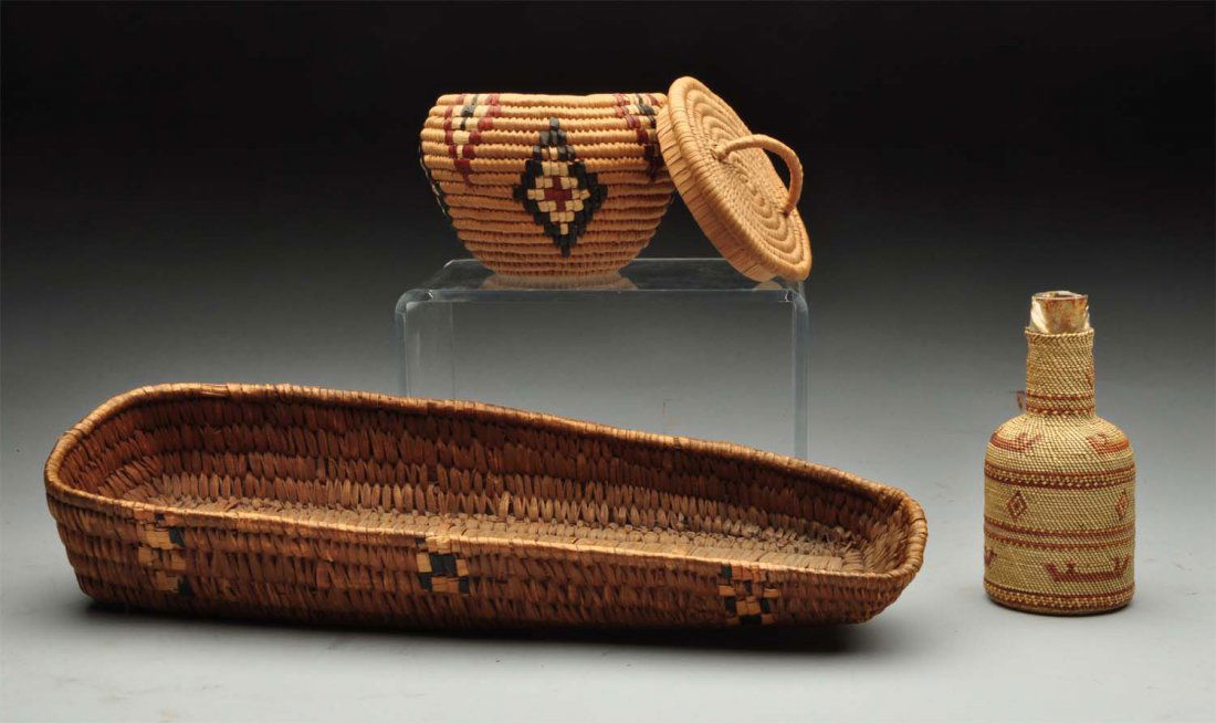 Lot Of 3: Indian Basketry Doll Bed, Bottle,Basket. (1 of 5)