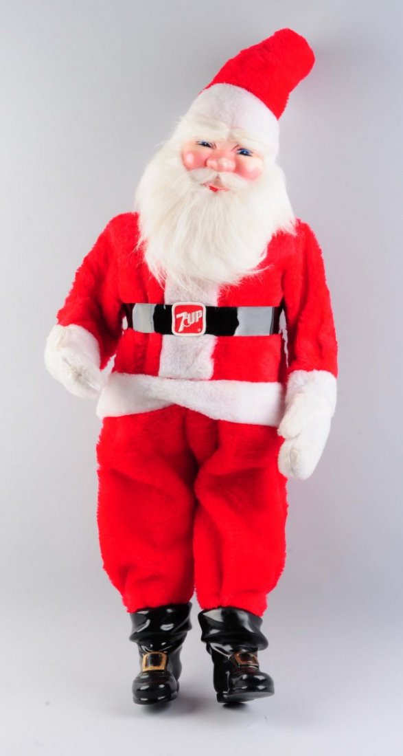Vintage Santa Claus with 7up Belt.: Plastic face and boots. Circa 1950's. Quite clean, no soiling or staining. Slight paint loss to the face. Condition (Excellent). Size 41''T.