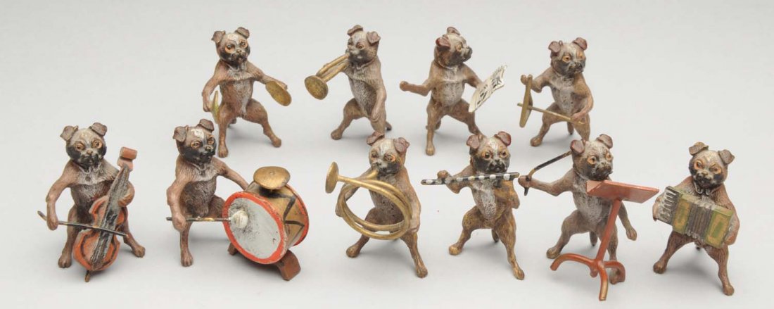 Lot of 10: Miniature Bronze Dog Orchestra. (1 of 1)