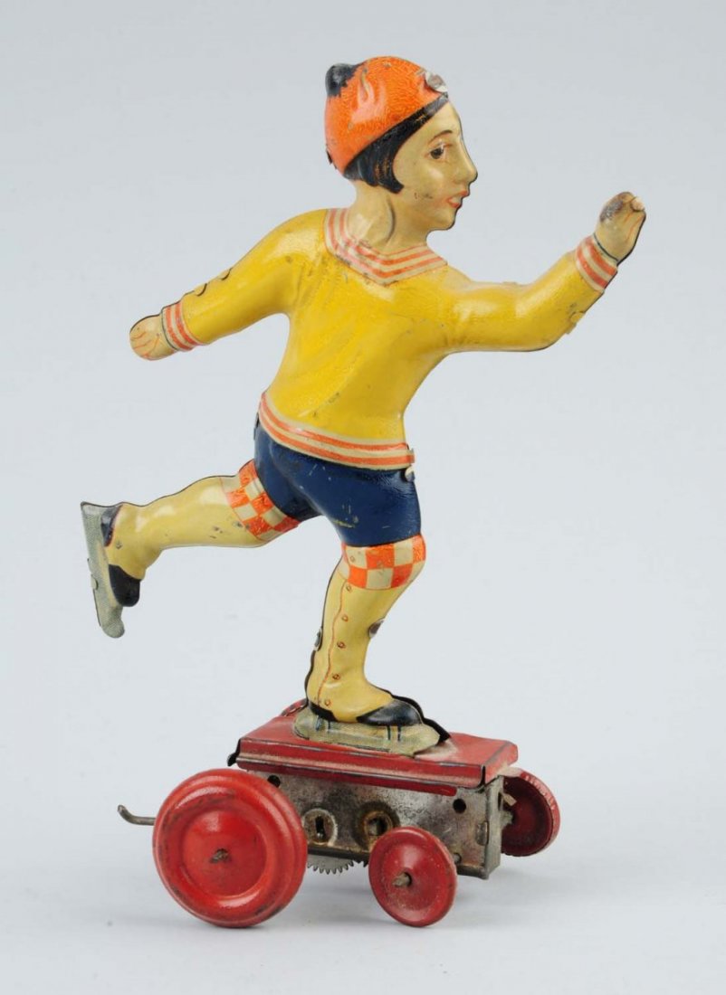 Unusual German Tin Litho Ice Skater Platform Toy. (1 of 2)