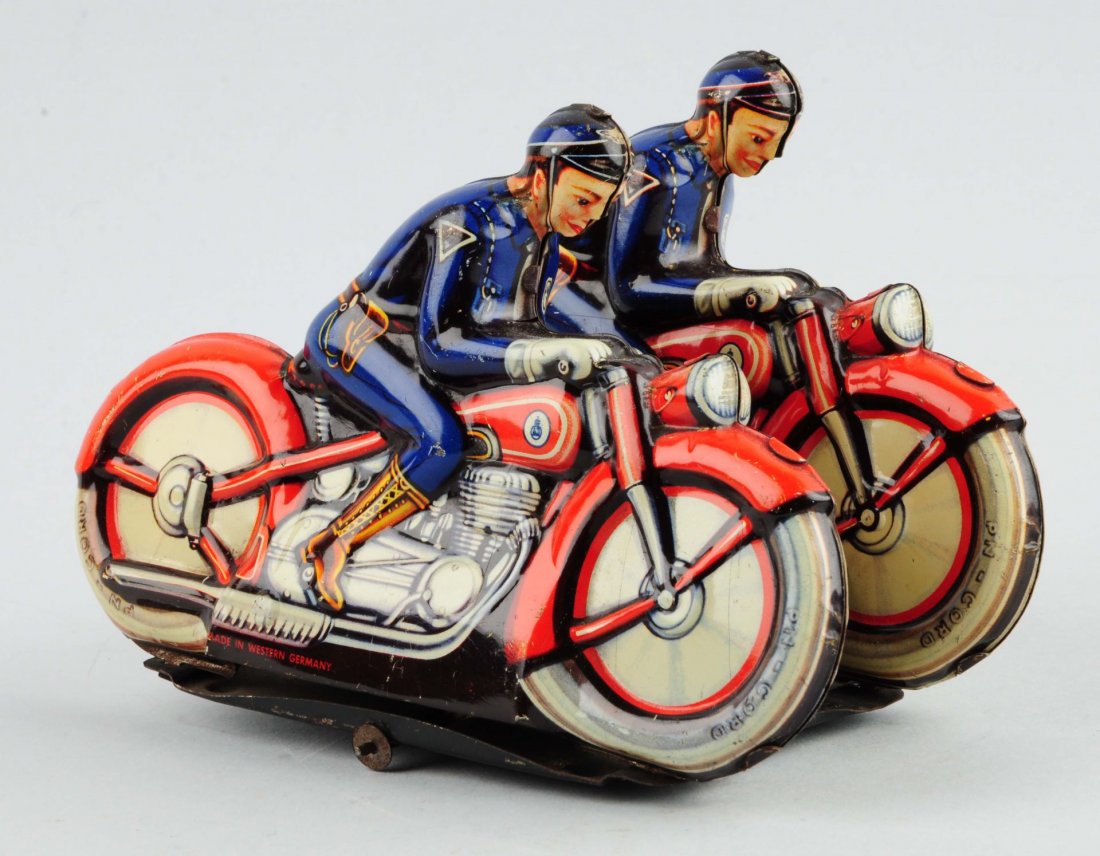 German Tin Litho Wind-Up Dbl Motorcycle Rider Toy. (1 of 2)