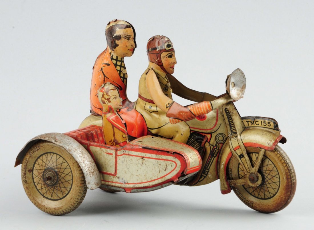 English Tin Litho Mettoy Motorcycle with Sidecar. (1 of 2)