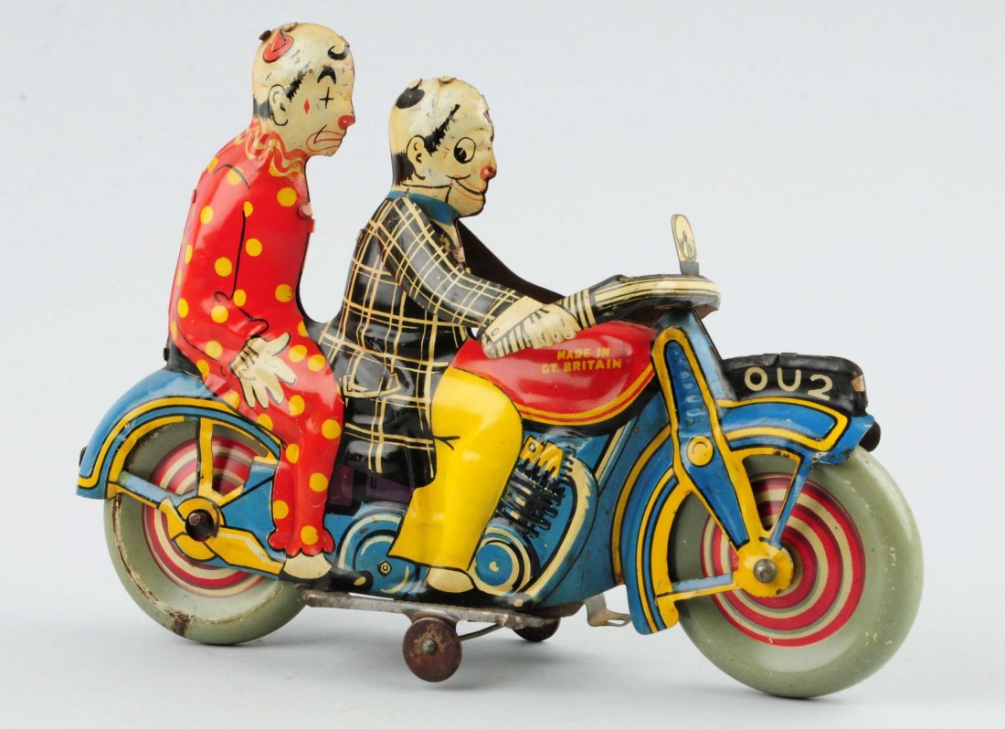 Scarce English Tin Litho 2 Clowns Motorcycle. (1 of 2)