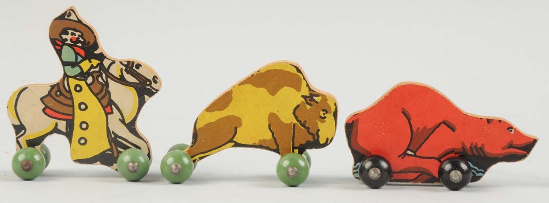 Lot of 3: All-Fair Woodsy Wee Type Figures.: Paper on wood. Wild West scene including cowboy on horse, buffalo, and bear. On wheels. Condition (Excellent - Near Mint). Size Largest: 3-1/2'' L.