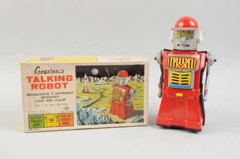 Japanese Tin Litho Cragstan Talking Robot.: Battery Operated. Includes original box with nice depiction of robot walking on foreign plant. Marked "NGS-Made in Japan". Complete box does have some creasing and minor staining throughout. Robot has