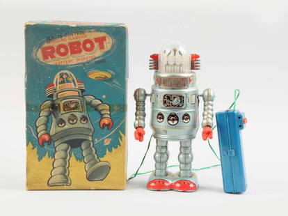 Japanese Tin Litho Battery Op Remote Door Robot.: Includes scarce original box. Box is complete but does have some tape residue and some creasing and tearing. Marked "Alps-Made in Japan" Original remote control. Plastic dome looks good, no cracking,