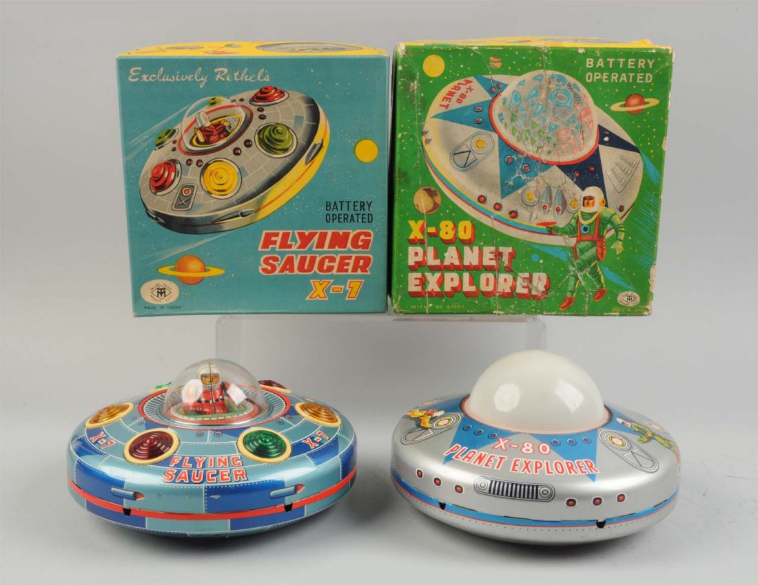 Lot Of 2: Japanese Tin Litho Flying Saucer Toys. (1 of 2)