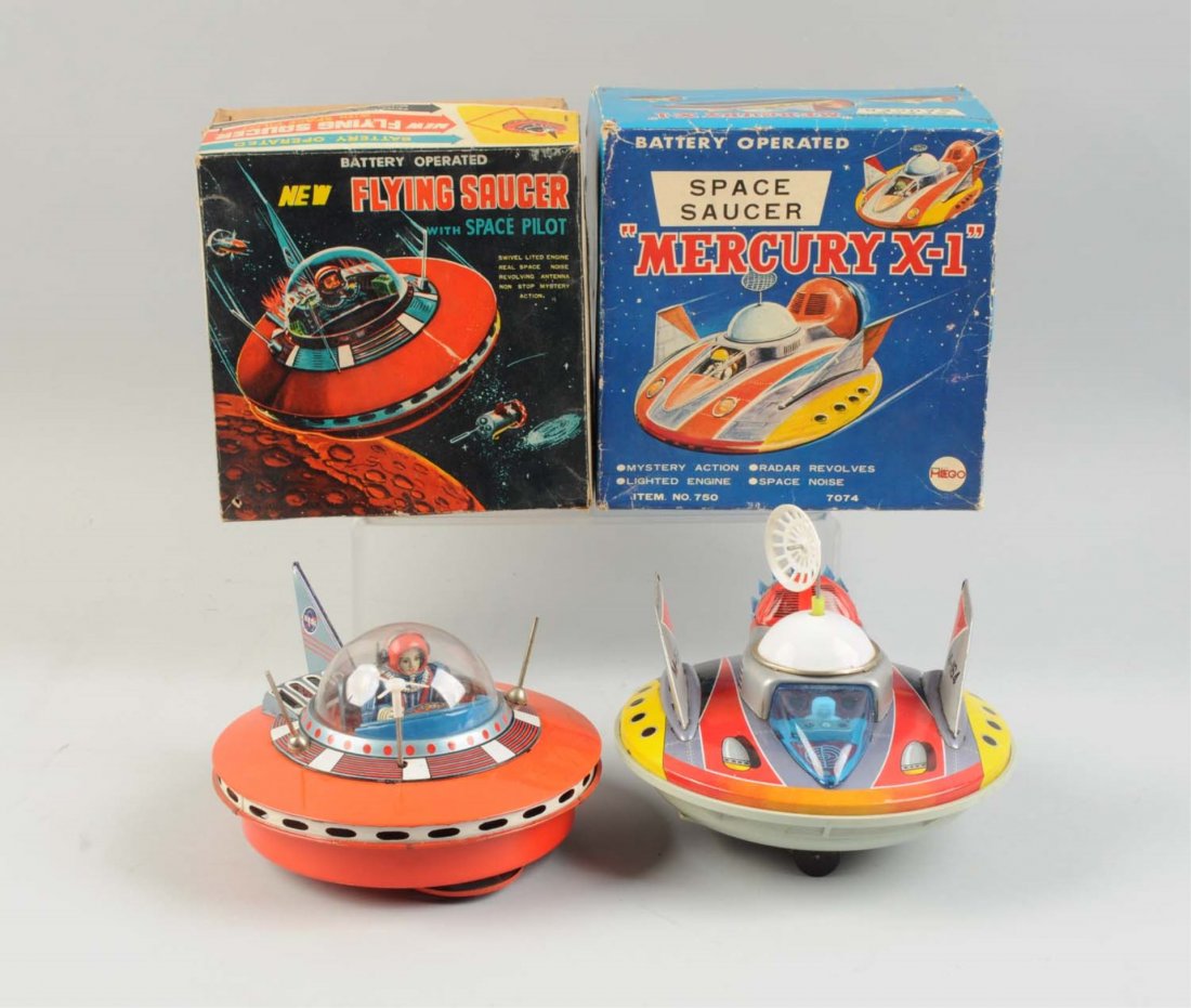 Lot Of 2: Japanese Tin Litho Flying Saucers Toys. (1 of 1)