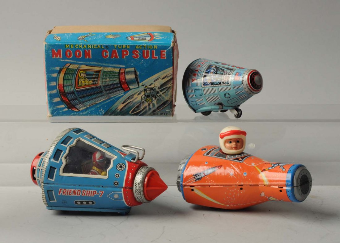 Lot Of 3: Japanese Tin Litho Space Capsule Toys. (1 of 2)