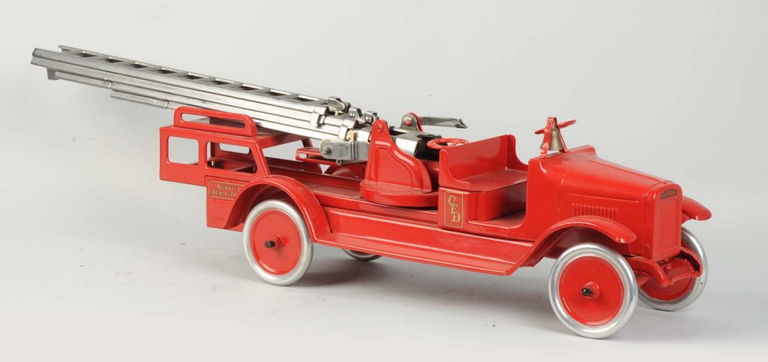 Pressed Steel Buddy-L Aerial Truck.: Circa 1925-1930. Overall length is 40 inches. Professional restoration. Condition (Restored). Size 30'' L.