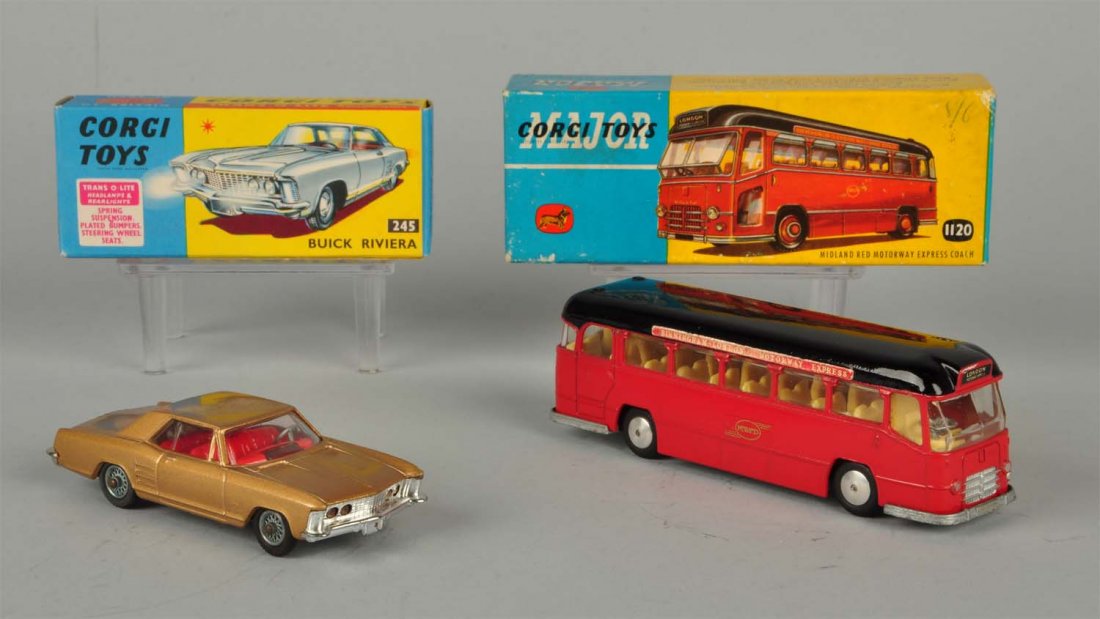 Lot Of 2: Corgi #245 Buick & #1120 Express Coach.: #245 Buick Riviera-Mint in original box. Box shows some wear. #1120 Midland Red Motorway Express Coach-Mint in original box. Box has a hole torn on the bottom part of box and has general wear. Size La