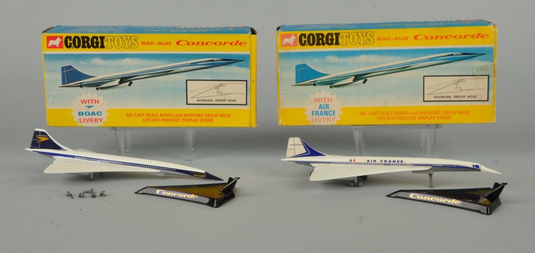 Lot Of 2: Corgi #650 & #651 Concordes.: #650 BAC-SUD Concorde with BOAC Livery - Mint and complete in the original box. Box shows some slight wear. #651 BAC-SUD Concorde with Air France Livery - Mint and complete in the original box. Box sh