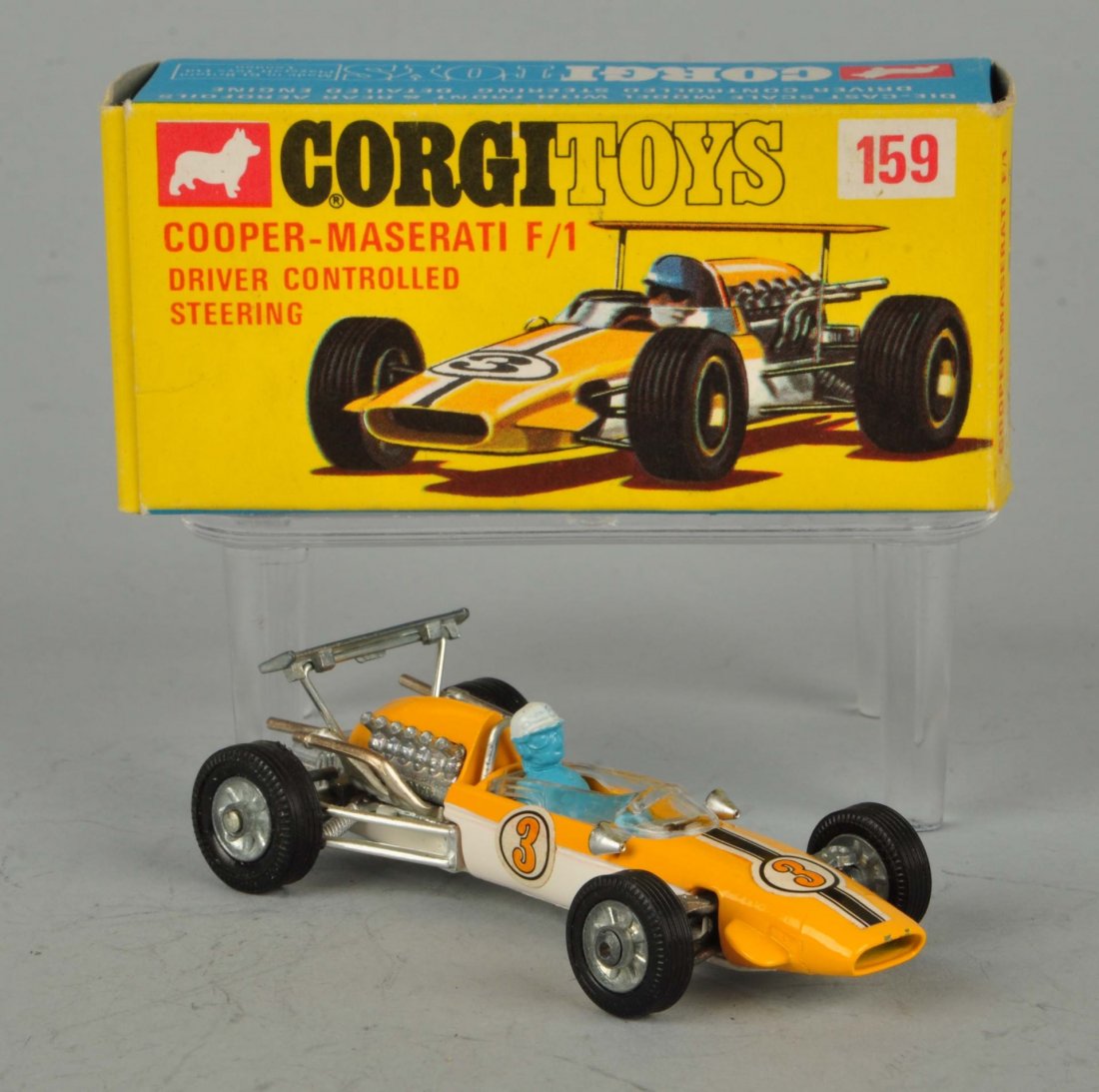 Corgi #159 Cooper-Maserati F-1 Racing Car.: Mint in original box. Box is crisp and clean. Size 3 -1/2" L.