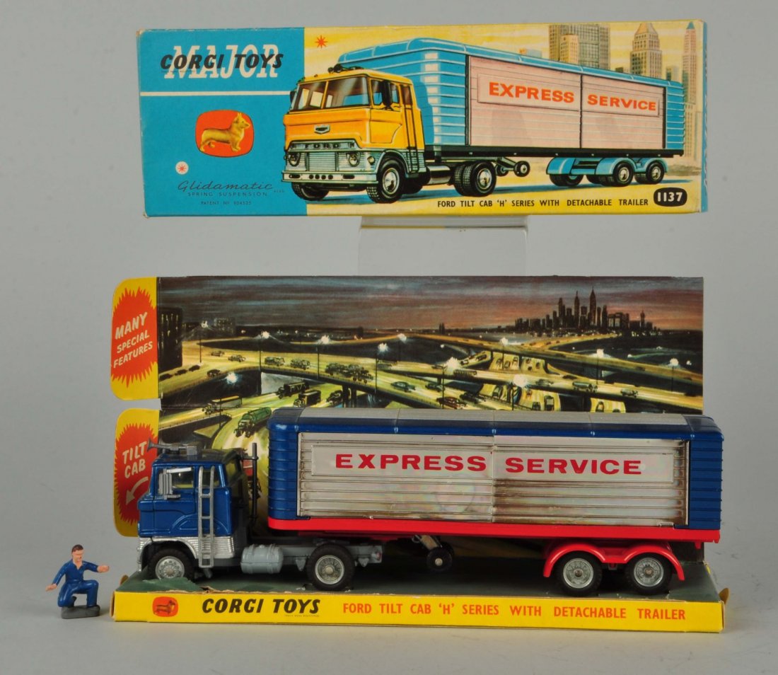 Corgi #1137 Ford Tilt Cab with Detachable Trailer.: Ford Tilt Cab "H" Series with Detachable Trailer. Truck and trailer are Mint in original box. Box has insert. Slight wear on box. Also includes driver figure. Size 10" L.