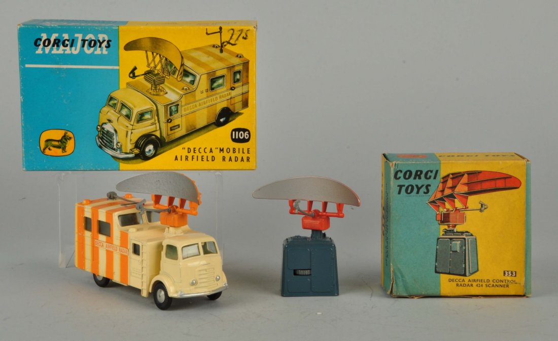 Lot Of 2: #1106 Mobile Radar & #353 Radar Scanner.: #1106 "Decca" Mobile Airfield Radar - Mint in original box. Box has some writing on top in upper right corner. Crisp with some edge wear. #353 "Decca" Airfield Control Radar 424 Scanner - Mint in orig