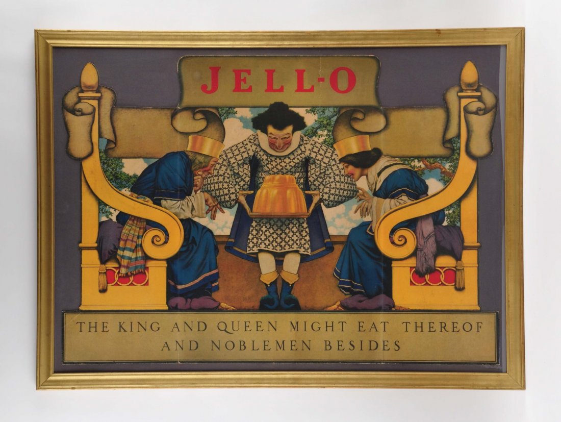 Maxfield Parrish Jello Tri-Fold Advertising Sign.: This early Maxfield Parrish designed Jello sign is framed under glass and was most likely a window display. It is in good shape with some minor bends and light soling in a few areas. This sign is very