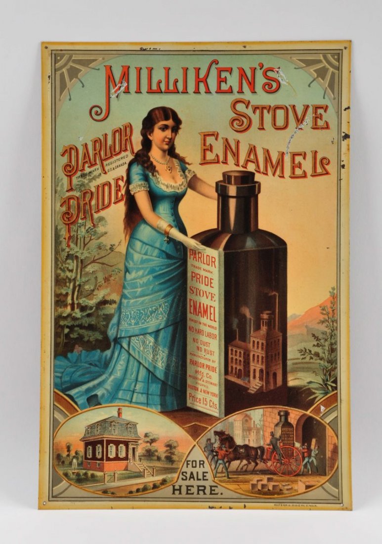 Milliken's Parlor Pride Stove Enamel Tin Sign. (1 of 1)