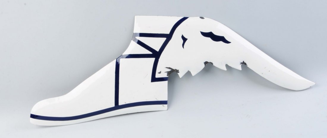 Goodyear Tire Winged Foot Porcelain Sign.: Great gloss. Strong colors with some chipping to the bottom under the wing. Condition (Very Good). Size 30-1/4'' L.