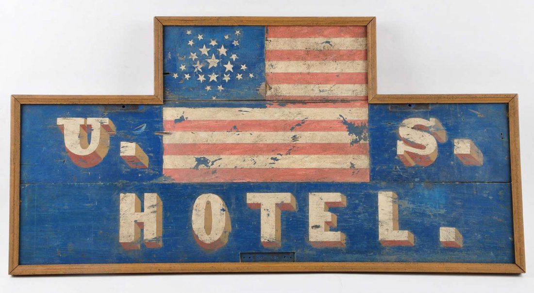 US Hotel Wooden Sign.: This is a contemporary sign. Has a great look with faux aging. Condition (Very Good). Size 36-1/2'' x 18-3/4''.