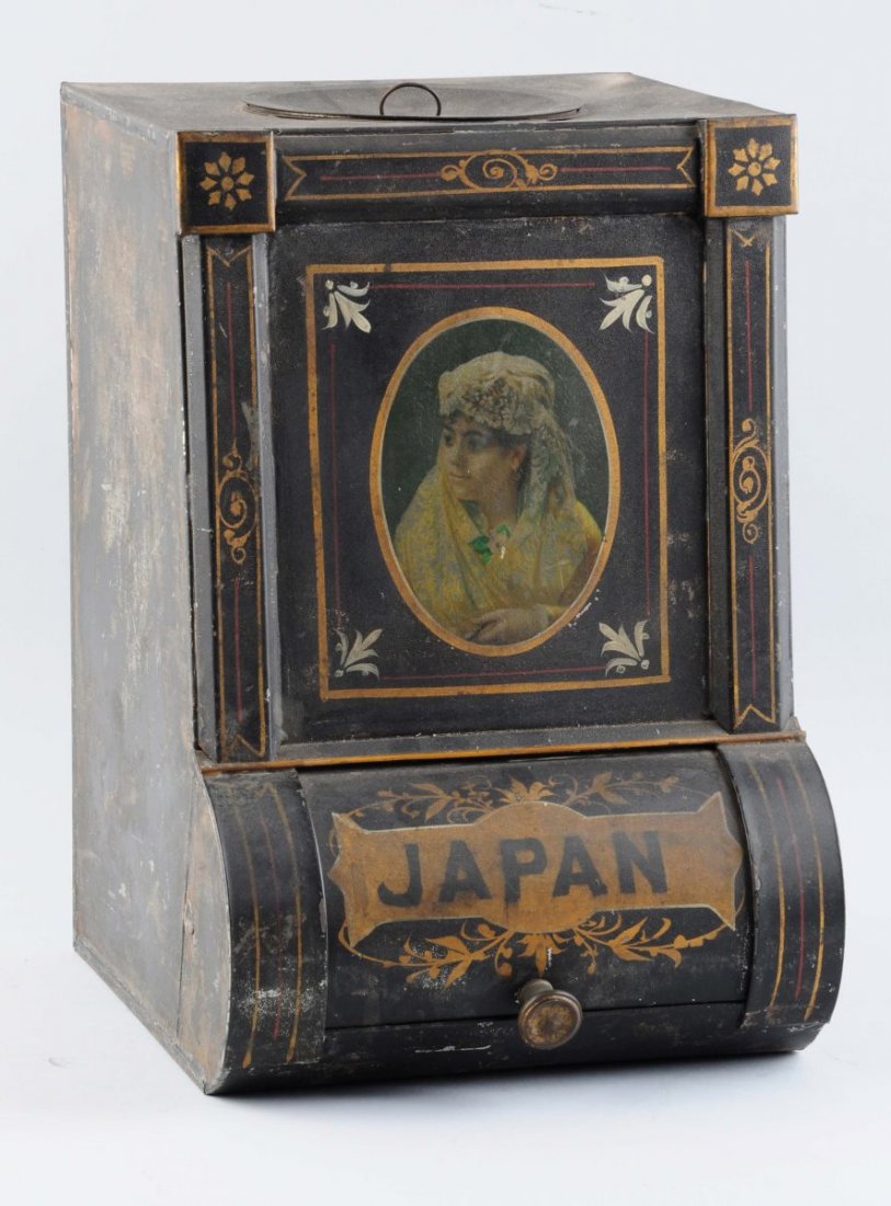 Early Japan Tea Tin Store Bin. (1 of 3)