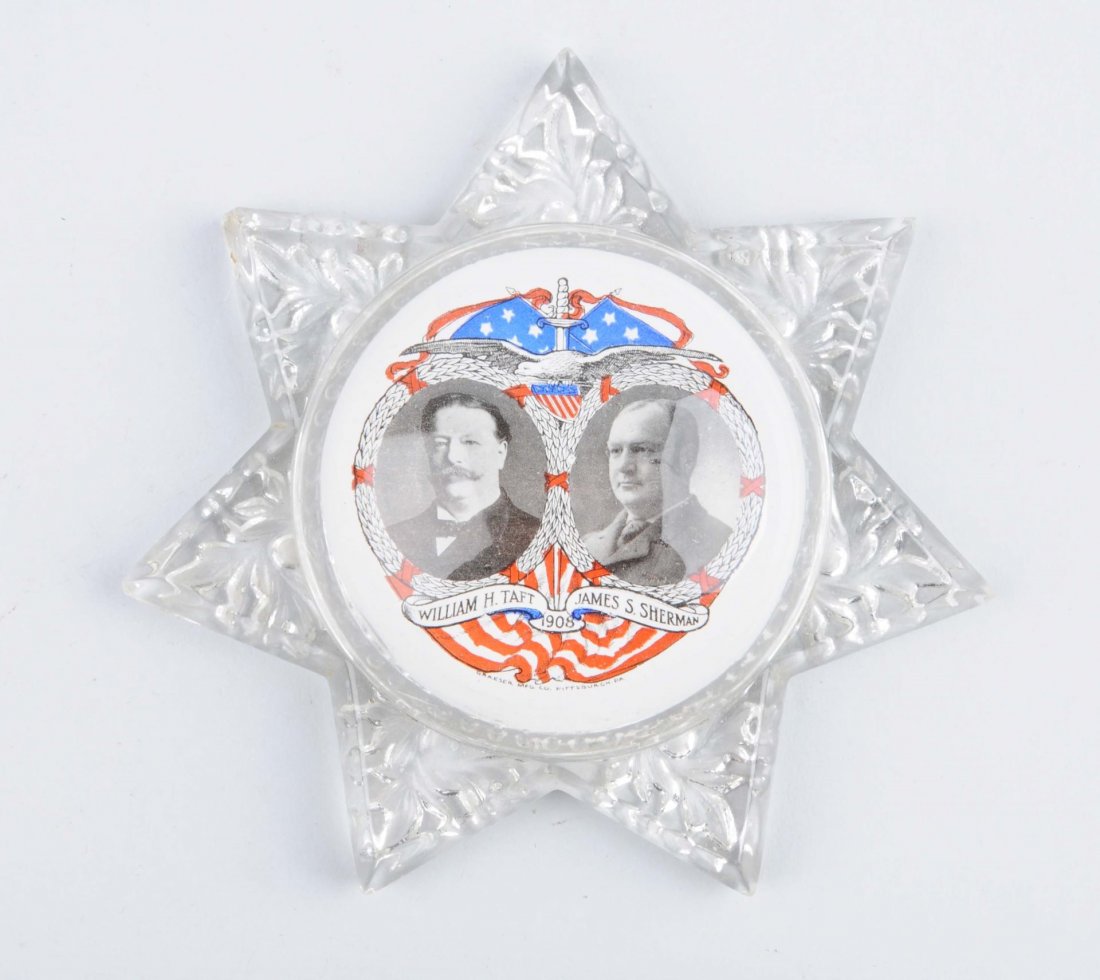 William Taft & James Sherman Star Paper Weight.: This large glass paper weight was made in 1908 by Graeser Pittsburgh Pennsylvania. It is in good condition with one small chip on the side of one tip. Condition (Very Good). Size 5 -3/4" L.