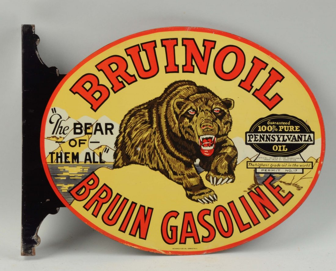 Bruinoil Bruin Gasoline Tin Flange Sign. (1 of 2)