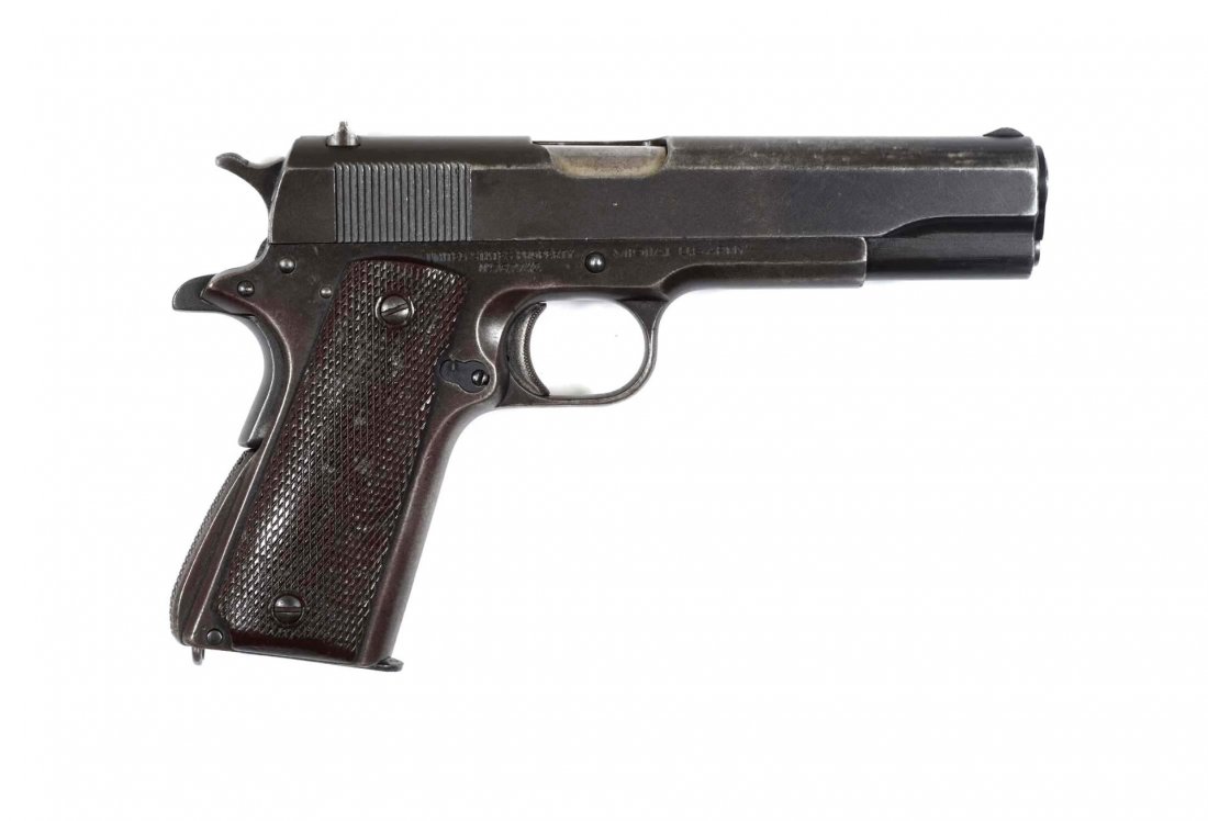 Colt Model 1911-A1 U.S. Army Pistol (Ithaca) (C).: Serial # 767741 .45 ACP with a 5" barrel. This is a World War II era pistol. The serial number on the frame pre-dates Ithaca manufacture and is a Colt 1942 frame with an Ithaca slide. The frame has th