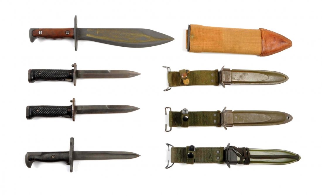 Lot of 4: US Bayonets.: 1) Model 1910-US bolo knife. 10" blade. Dated 1918. Plumb Philadelphia. Parkerized for WWII. Perfect canvas scabbard with leather tip. 1918- very good. 2) US M5 bayonet by Aerial. 6-1/2" blade. Perfec