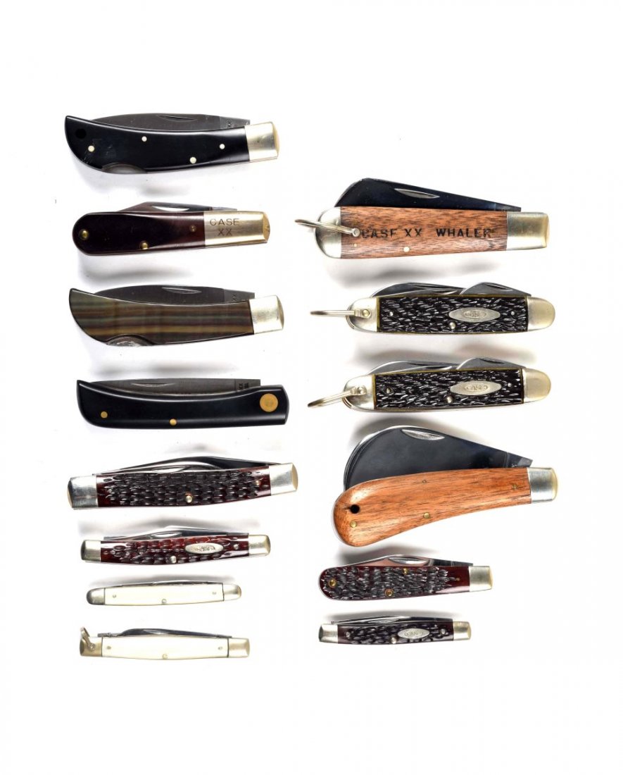 Lot of 14: Case Folding Knives.: Case XX U.S.A. 3-3/8" No. 62009-1/2 two-blade barlow handled in brown delrin; circa 1971. Case XX U.S.A. 3-5/8" No. 21051 LSSP one-blade small lock back handled in black composite; circa 1917. Case XX