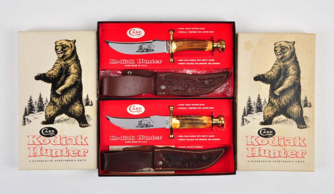 Lot of 2: Boxed Case Kodiak Hunters.: Case XX U.S.A. Kodiak with a 6" blade handled in genuine stag. Fixed blade knife complete in original box with leather sheath. Case XX U.S.A. Kodiak with a 6" blade handled in genuine stag. Fixed blad