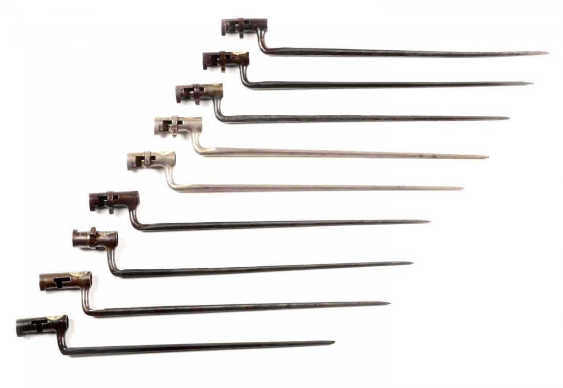 Lot of 9: U.S. Marked Musket Bayonets: Fine Lot of bayonets. Each is stamped "U.S.". These bayonets are all Indian War or earlier. The consignor has labeled them as follows, but we have not confirmed his identifications: 1) 1830 Lane & Rea