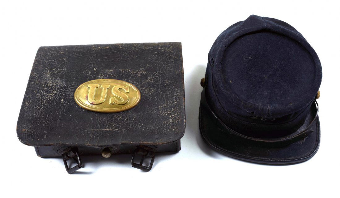 Kepi Grand Army & Cartridge Box.: Lot consisting of Model 1855 US Cartridge box with scarce US cartridge box plate. No thong. Interior cover missing. Ears, tool pouch with torn cover but cover is present. Missing latch tab and one tor