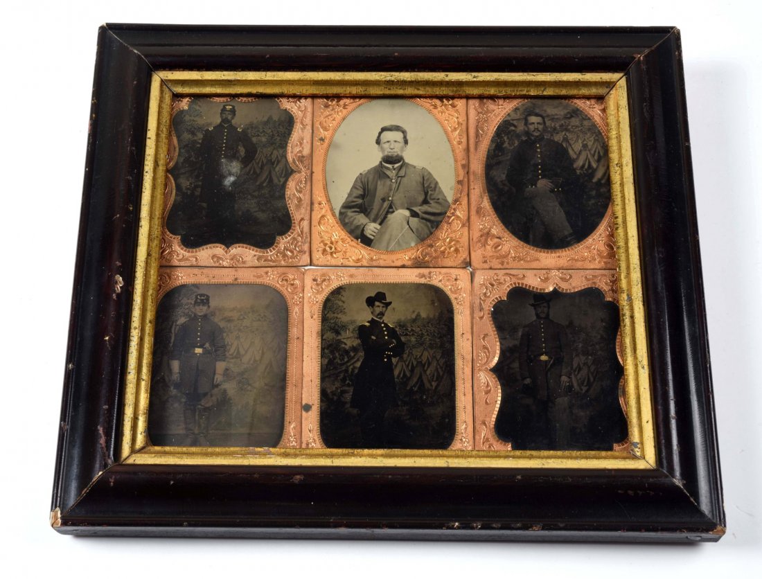 Lot of 6: Civil War Tin Type Photos.: Six uncased tin types. Quarter plates. Consisting of three union officers, three enlisted men. Two enlisted men with pistols in their belts, one appears to be a Starr revolver. All but one has the sam