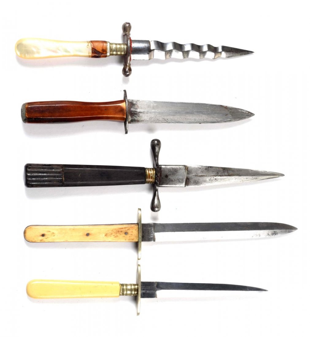 Lot of 5: 19th Century Push Daggers: A) A. Williams, Sheffield England. Bone handle, 4-1/2" blade. B) Pearl handle scalloped blade, 4-1/4" C) No maker, 4-1/4" blade with wood handle D) Anson Sheffield, pre-England, 5-1/2" blade with bone